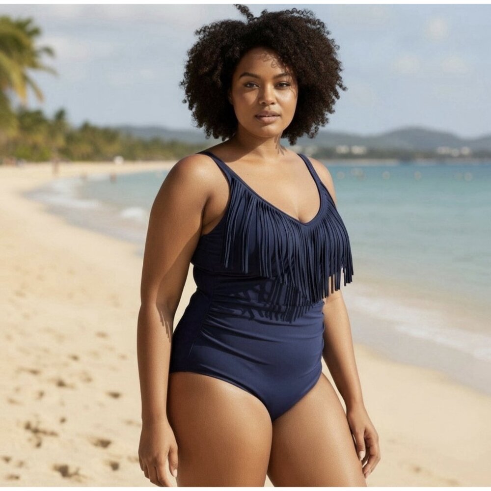 Swimsuits‎ For All Dark Blue Fringe One Piece Swimsuit Womens 32